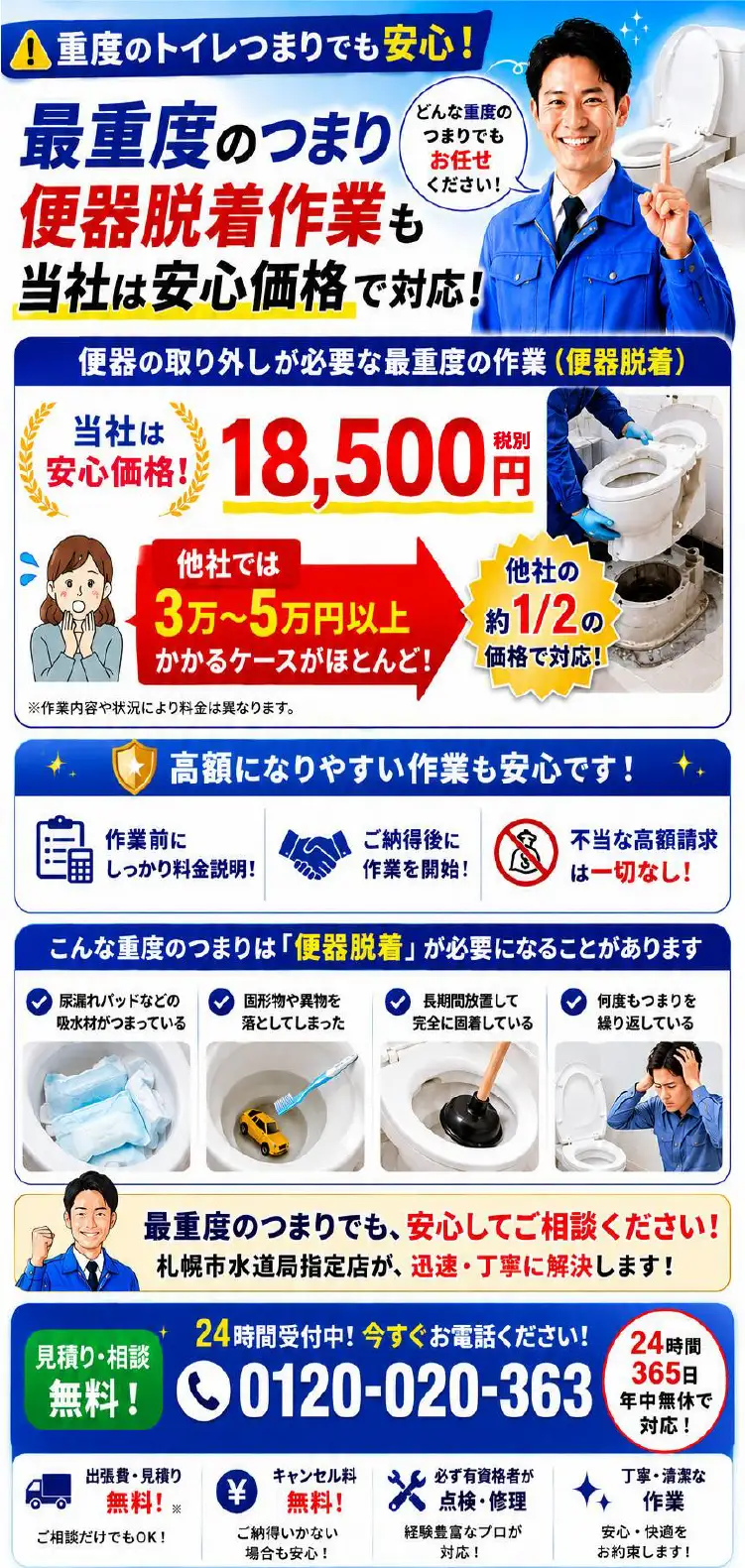 重度のトイレつまりでも安心！最重度のつまり便器脱着作業も社は安心価格で対応！どんな重度のつまりでもお任せください